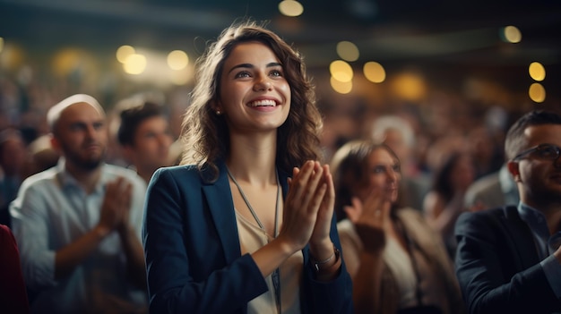 Giovane donna seduta in un pubblico affollato a una conferenza e applaudendo dopo il discorso