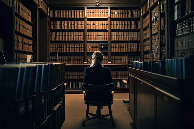 Giovane donna seduta in una biblioteca e che guarda la libreria Un avvocato seduto con fiducia immerso nel lavoro legale