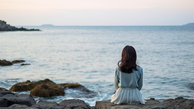 Giovane donna seduta sulle rocce e guardando il mare