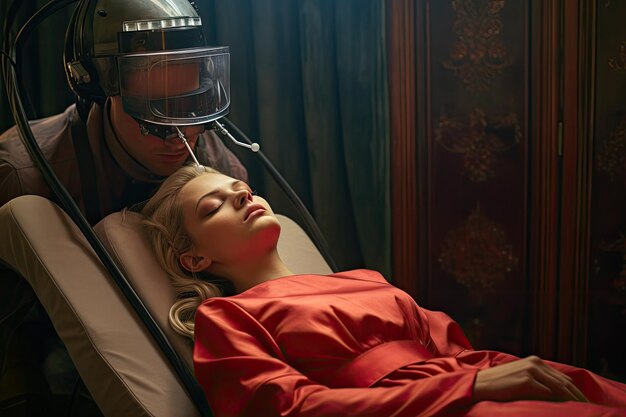 Giovane donna sexy in abito rosso sdraiata sul letto con gli occhi chiusi Donna in gabinetto con gli occhi chiusi durante la procedura fatta dal dentista e dall'assistente AI Generato