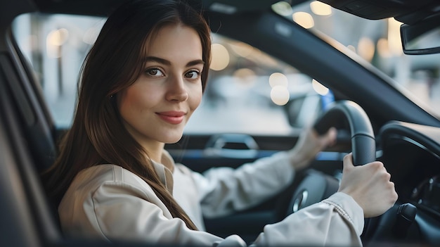 Giovane donna sicura che sorride mentre guida la sua auto in città aspetto professionale stile di vita moderno concetto di guida sicura AI