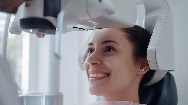 Giovane donna sicura di se stessa che si sottopone a una radiografia dentale nello studio del dentista