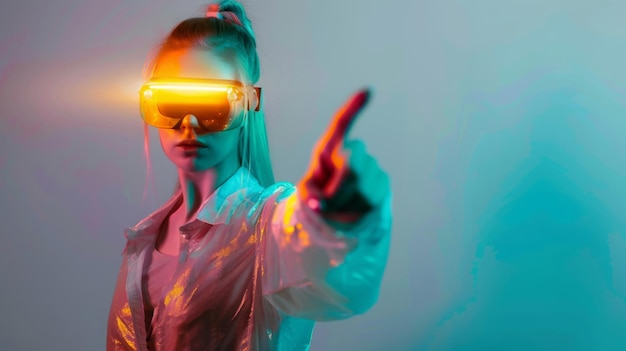 Giovane donna sicura di se stessa in occhiali VR moderni che indica il dito mentre sperimenta un'immersione virtuale
