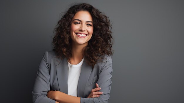 Giovane donna sicura e positiva che sorride contro uno sfondo grigio moderno