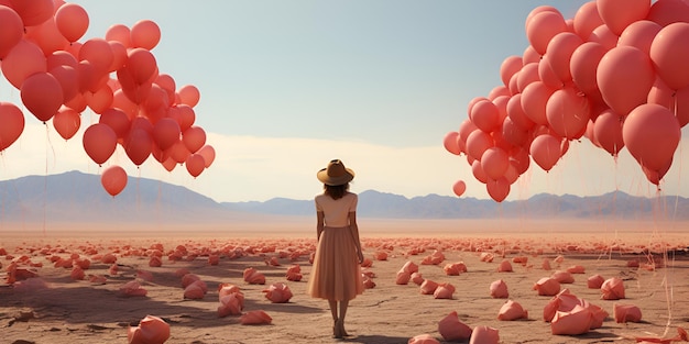 Giovane donna single con palloncini rosa generata AI