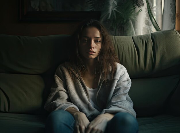 Giovane donna sola seduta sul divano nel soggiorno guardando via toccando il mento pensando ai problemi