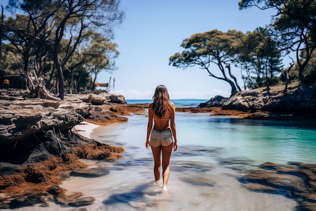 Giovane donna solitaria che cammina a piedi nudi sulla spiaggia di sabbia bianca in un giorno luminoso con gli alberi e l'oceano blu