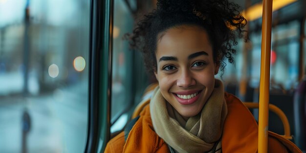 Giovane donna sorridente all'interno di un autobus in un giorno invernale pendolare urbano e viaggiatore felice stile casuale espressione gioiosa AI