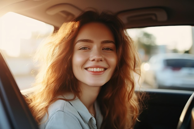 Giovane donna sorridente alla guida della sua auto