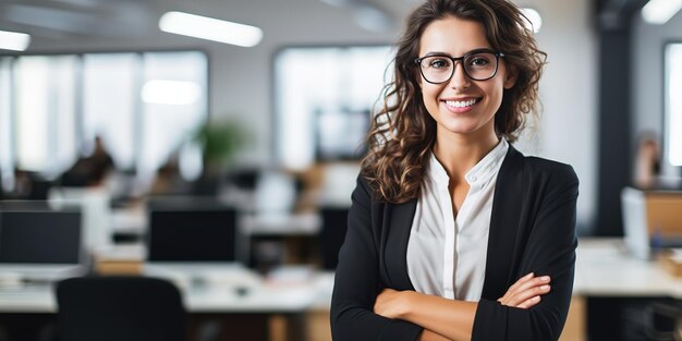 Giovane donna sorridente che guarda la telecamera con le braccia incrociate