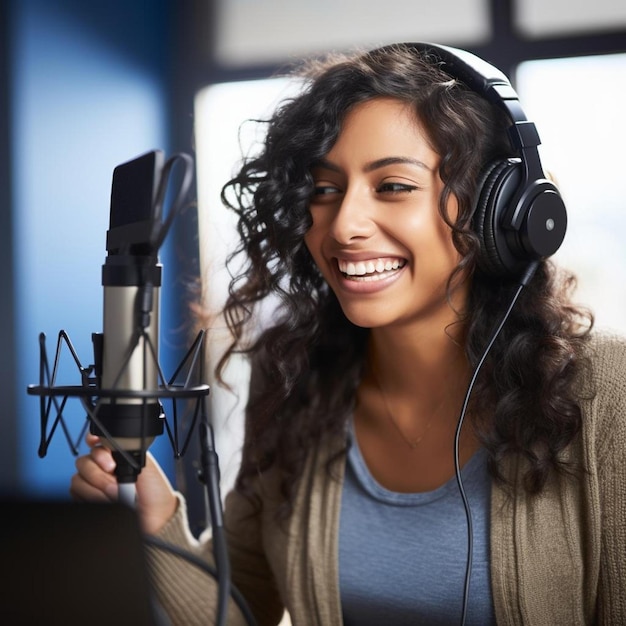 giovane donna sorridente che indossa le cuffie e parla in un microfono alla stazione radio