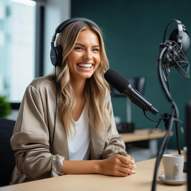 giovane donna sorridente che indossa le cuffie e parla in un microfono alla stazione radio