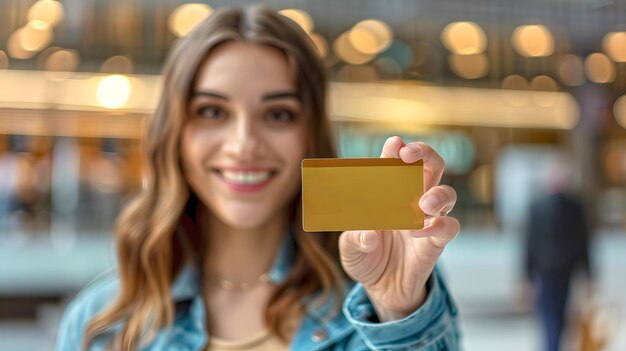 Giovane donna sorridente che presenta una carta d'oro alla telecamera Perfetto per le promozioni dei servizi finanziari Ideale per le pubblicità bancarie online AI