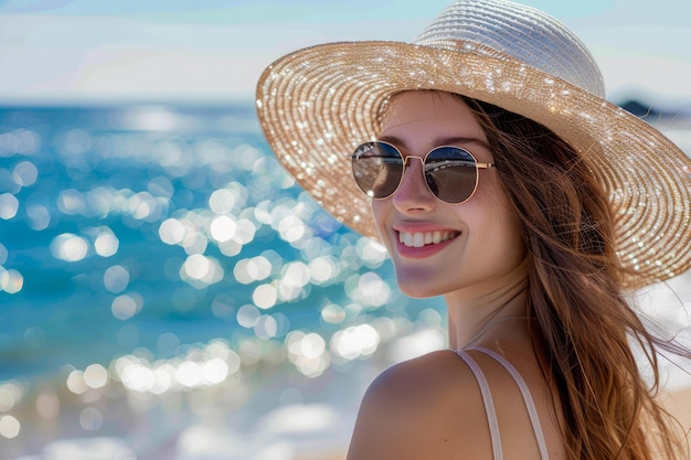 Giovane donna sorridente che si gode le vacanze in spiaggia soleggiata indossa un cappello di paglia e occhiali da sole con il mare