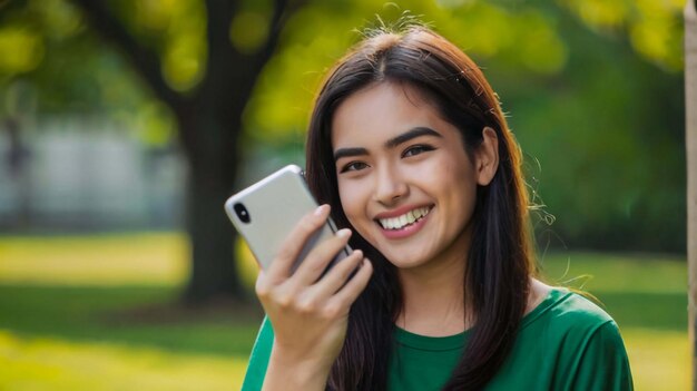 Giovane donna sorridente che usa il cellulare sullo sfondo verde