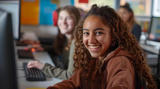 Giovane donna sorridente che usa il computer in classe ambiente educativo diversificato rilassato stile di vita sincero girato AI