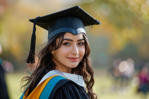 Giovane donna sorridente con cappello e abito di laurea all'aperto con foglie d'autunno sullo sfondo