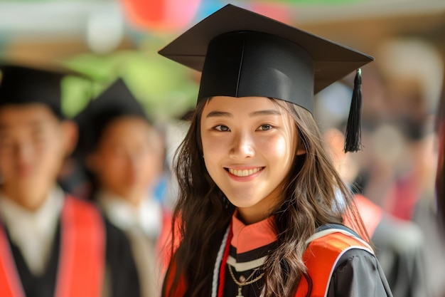 Giovane donna sorridente con cappello e abito di laurea con i coetanei sullo sfondo alla cerimonia di inizio