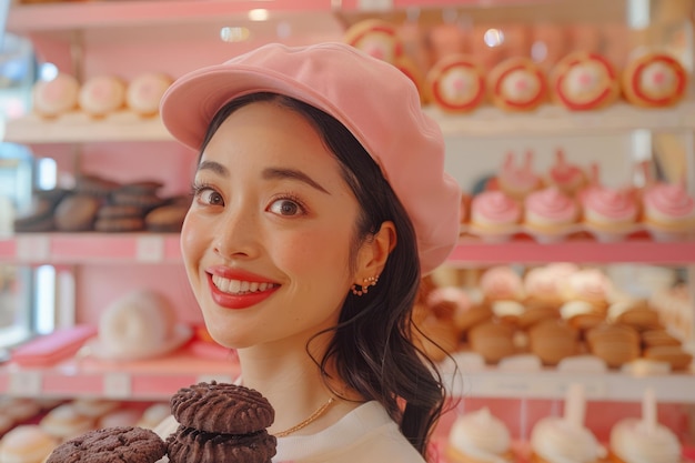 Giovane donna sorridente con il berretto rosa che tiene in mano biscotti al cioccolato in un colorato ambiente di panetteria