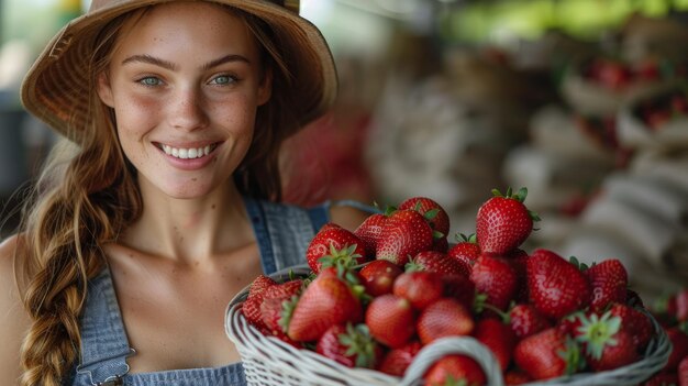 Giovane donna sorridente con un cesto di fragole fresche