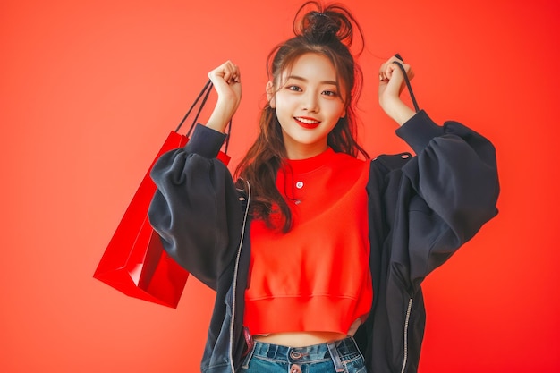 Giovane donna sorridente con un elegante maglione rosso e denim che si diverte a fare shopping con borse contro il rosso vivace