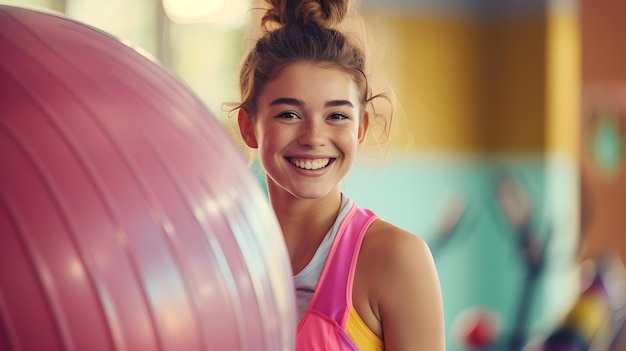 Giovane donna sorridente con una palla da ginnastica in palestra sessione di fitness casuale colori vivaci e concetto di stile di vita attivo catturato momento di gioia AI