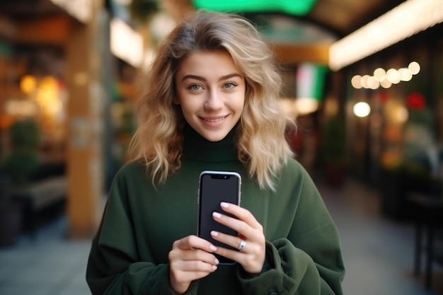 Giovane donna sorridente con uno smartphone in mano Blogger