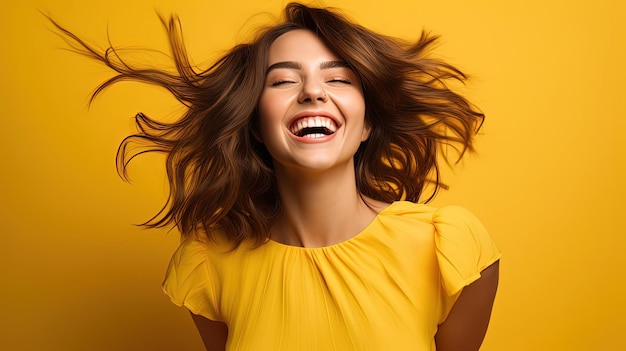 giovane donna sorridente contro uno sfondo giallo nello stile dell'umorismo giocoso