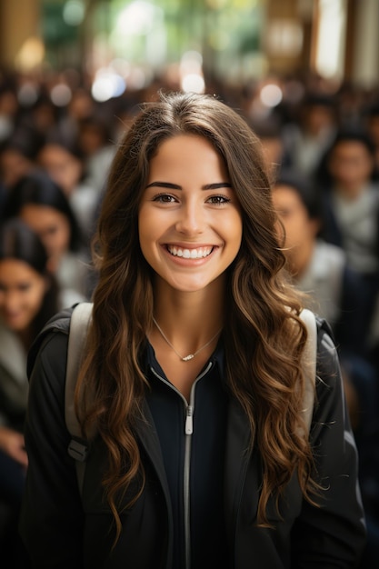 Giovane donna sorridente in autunno AI generato