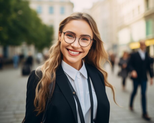 giovane donna sorridente in tailleur e occhiali che cammina per strada