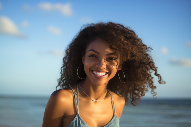 Giovane donna sorridente sulla costa caraibica