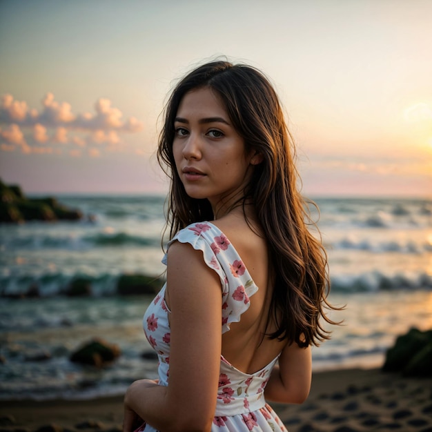 giovane donna sottile e bella sulla spiaggia al tramonto