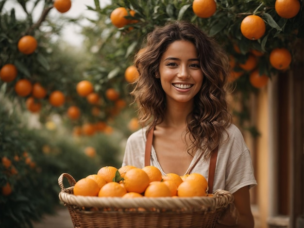 giovane donna spagnola allegra con un ampio sorriso con un cesto di arance in una piantagione di arance in una luminosa giornata di sole