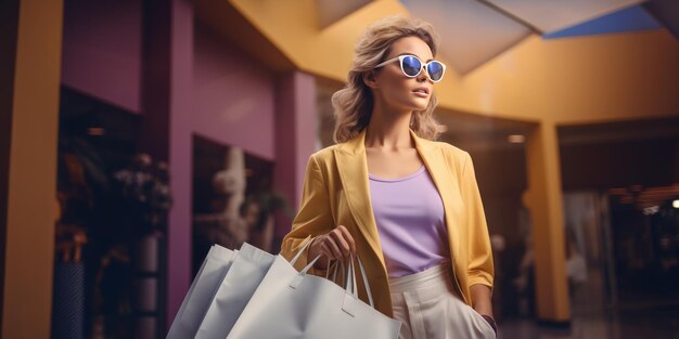 Giovane donna splendida in abito giallo chiaro che cammina nel centro commerciale