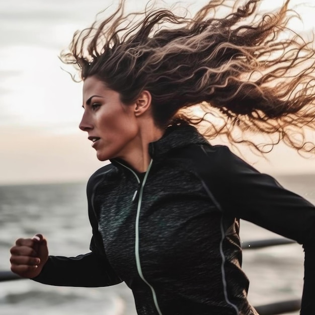 Giovane donna sportiva che corre sulla spiaggia al tramonto stile di vita sano