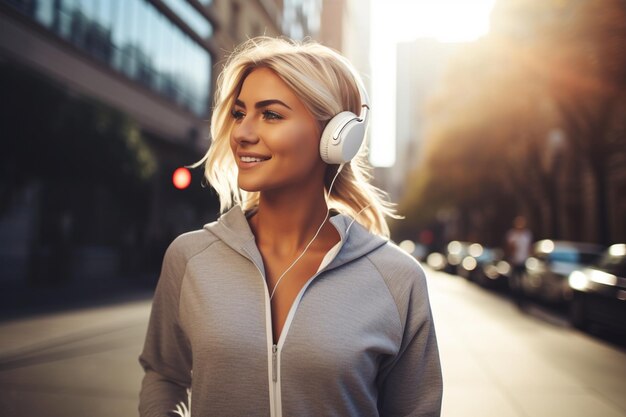 Giovane donna sportiva in tuta da ginnastica che corre per la strada della città e ascolta musica