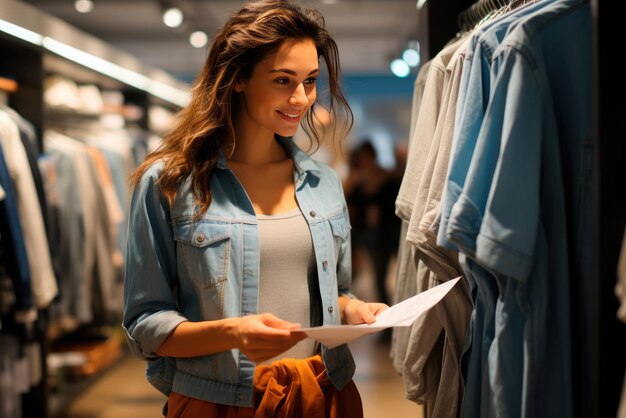 Giovane donna sta facendo acquisti su una lista di controllo Controlla la disponibilità di una serie di prodotti di abbigliamento nel negozio