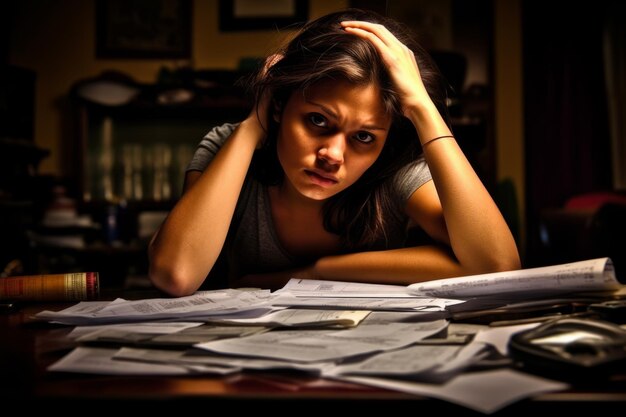 Giovane donna stressata che rivede le sue bollette che riflettono la tensione finanziaria durante una recessione