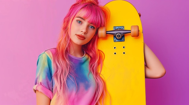 Giovane donna sui 20 anni con capelli rosa colorati brillanti isolati su uno sfondo rosa pastello chiaro Concept di moda di stile di vita della gente