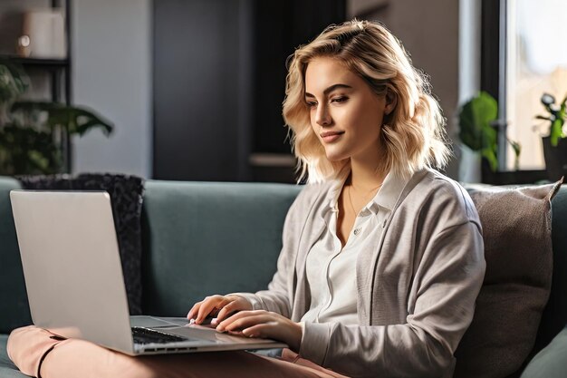 Giovane donna sul divano che lavora da casa con un laptop Il concetto di lavoro a distanza mostra la comodità