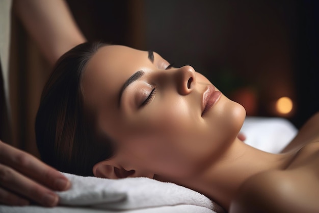 Giovane donna sul divano nel salone spa per massaggi e trattamenti di bellezza IA generativa
