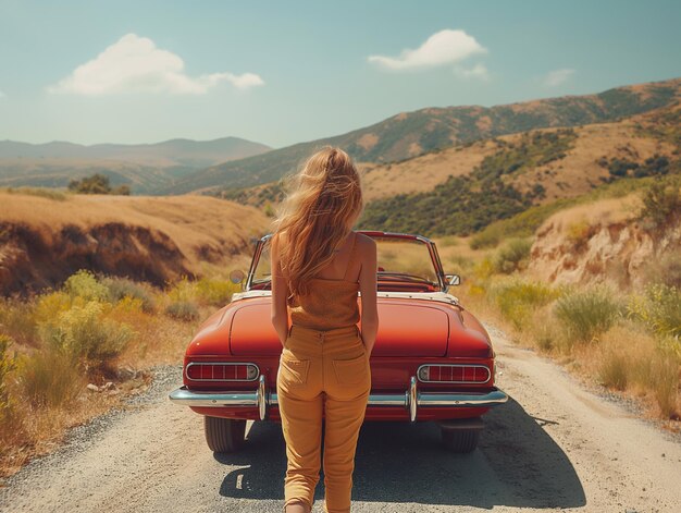 Giovane donna sulla strada con un'auto retro Viaggio e avventura concetto generativo ai arte