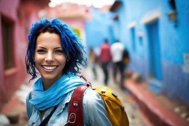 Giovane donna turistica che cammina attraverso la città blu in Marocco sorridendo alla telecamera Ai generato