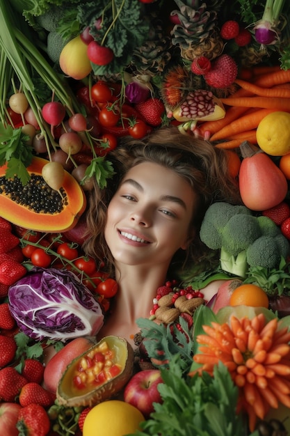 Giovane donna vestita con un vestito giace tra verdure e frutta concetto di cibo vegetariano IA generativa