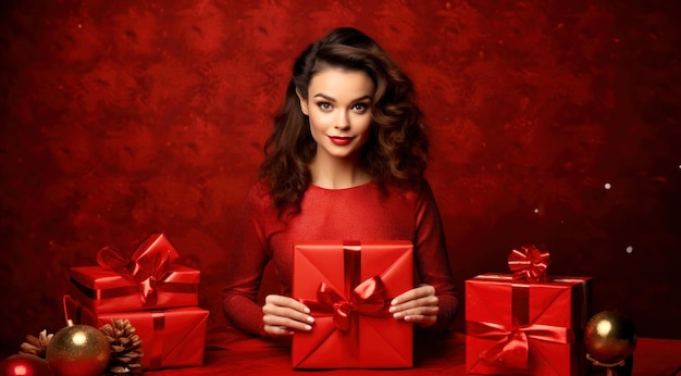 Giovane donna vestita di rosso con in mano una scatola regalo di Natale decorata con un nastro su uno sfondo rosso Buon Natale e felici vacanze