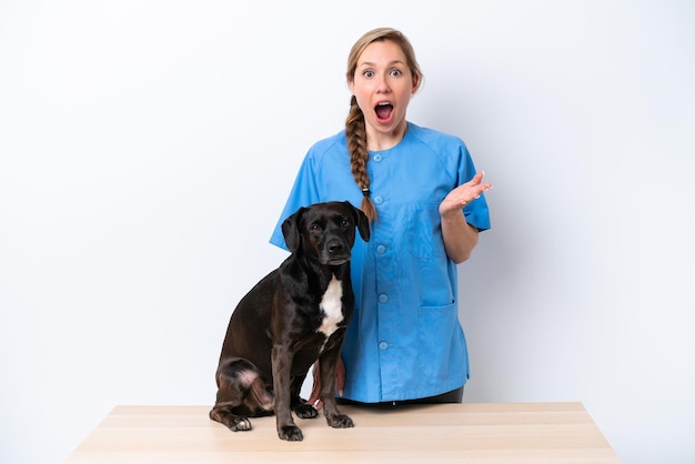 Giovane donna veterinaria con cane isolato su sfondo bianco con espressione facciale scioccata