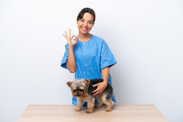 Giovane donna veterinaria con il cane su un tavolo isolato su sfondo bianco che mostra il segno giusto con le dita