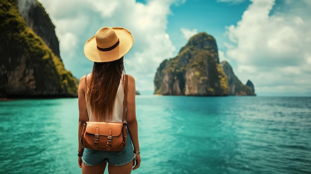 Giovane donna viaggiatrice con cappello e pantaloncini corti con zaino che guarda una bella isola tropicale