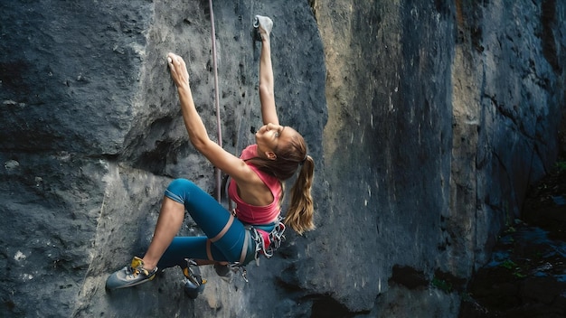 Giovane e attraente alpinista femminile che sale su un percorso impegnativo su una ripida parete rocciosa
