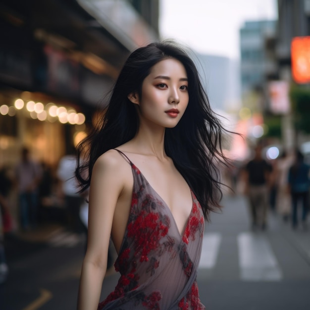 Giovane e bella donna cinese in un vestito in posa per la macchina fotografica su una strada cittadina